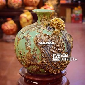 Bình hút lộc - đắp Công Đào - vẽ vàng men xanh cốm 35cm Bát Tràng