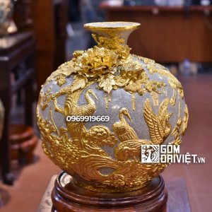 Bình hút tài lộc - tùng hạc diên niên - men rạn dát vàng 18K 35cm