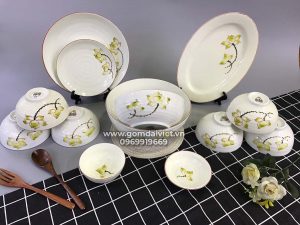 Bộ bát đĩa ăn cơm vẽ hoa sen vàng đầy đủ món S6