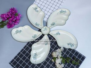 Bộ đồ ăn 5 đĩa cánh tiên men kem vẽ sen xanh Bát Tràng