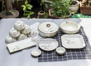 Bộ đồ ăn Bát Tràng men kem cao cấp vẽ hoa đào hồng S3