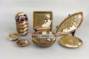 Bộ đồ ăn men hỏa biến gấm vàng khắc sen S2
