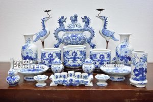 Bộ đồ thờ men lam vuốt tay cao cấp Bát Tràng