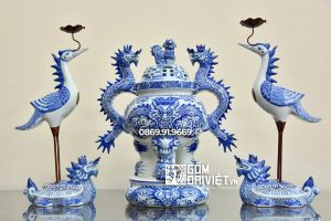 Bộ đỉnh hạc tam sự men lam đắp nổi Bát Tràng Số 2