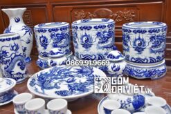 Bộ đồ thờ gia tiên đầy đủ Men Lam Đắp nổi Sứ Bát Tràng