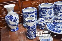 Bộ đồ thờ gia tiên đầy đủ Men Lam Đắp nổi Sứ Bát Tràng