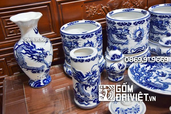 Bộ đồ thờ gia tiên đầy đủ Men Lam Đắp nổi Sứ Bát Tràng