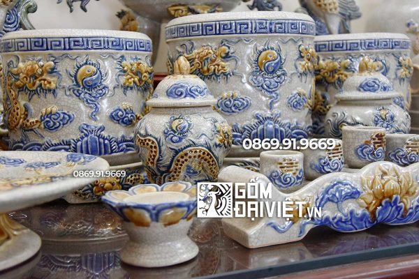 Bộ đồ thờ bằng Gốm Men Rạn Cổ Đắp Nổi Bát Tràng Số 12