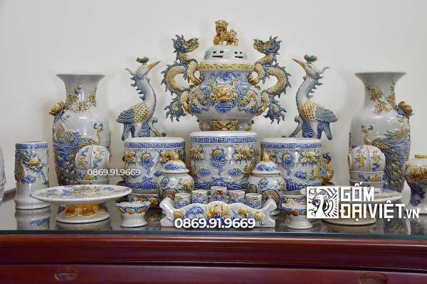 Bộ đồ thờ bằng Gốm Men Rạn Cổ Đắp Nổi Bát Tràng Số 12