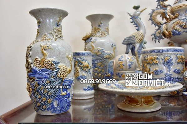 Bộ đồ thờ bằng Gốm Men Rạn Cổ Đắp Nổi Bát Tràng Số 12
