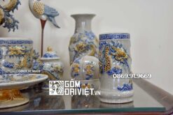 Bộ đồ thờ cúng bằng sứ đắp nổi men rạn Bát Tràng