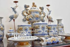 Bộ đồ thờ cúng bằng sứ đắp nổi men rạn Bát Tràng