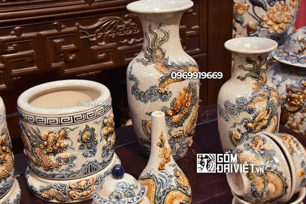 Bộ đồ thờ cúng gốm sứ men rạn đắp rồng