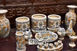 Bộ đồ thờ cúng gốm sứ men rạn đắp rồng