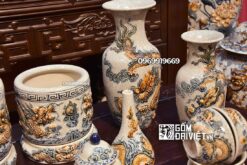 Bộ đồ thờ gia tiên men rạn đắp nổi cao cấp