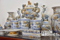 Bộ đồ thờ gốm Bát Tràng Men Rạn Họa Tiết Rồng Nổi
