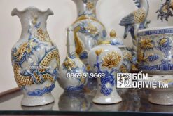 Bộ đồ thờ gốm Bát Tràng Men Rạn Họa Tiết Rồng Nổi