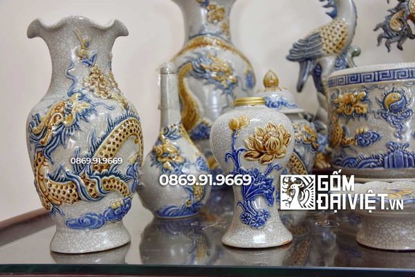 Bộ đồ thờ gốm Bát Tràng Men Rạn Họa Tiết Rồng Nổi