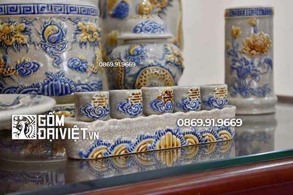 Bộ đồ thờ gốm Bát Tràng Men Rạn Họa Tiết Rồng Nổi