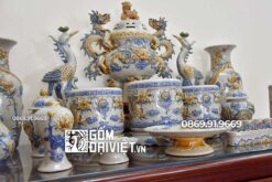 Bộ đồ thờ gốm Bát Tràng Men Rạn Họa Tiết Rồng Nổi