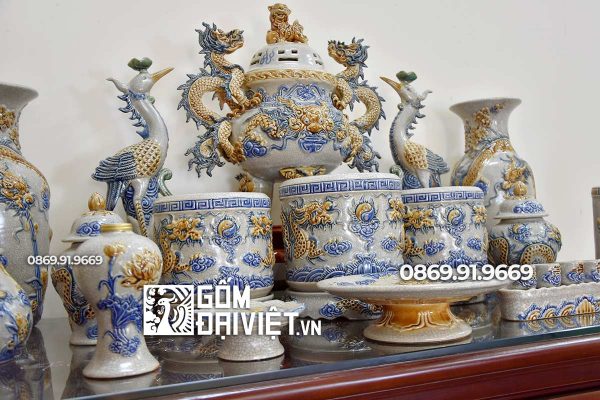 Bộ đồ thờ gốm Bát Tràng Men Rạn Họa Tiết Rồng Nổi