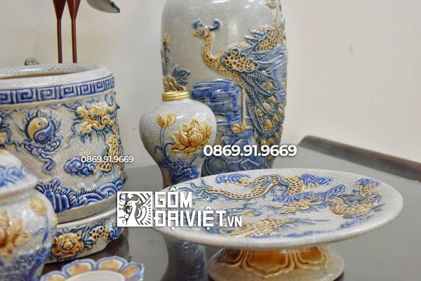 Bộ đồ thờ Men Rạn Chung cư gốm sứ đắp nổi 1m53