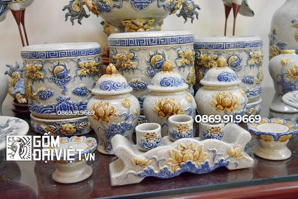 Bộ đồ thờ Men Rạn Chung cư gốm sứ đắp nổi 1m53