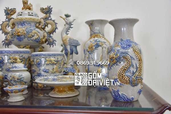 Bộ đồ thờ sứ Bát Tràng đắp Rồng Nổi Men Rạn Số 14