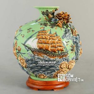 Bình gốm hút tài lộc Thuận buồm xuôi gió xanh cốm 35cm