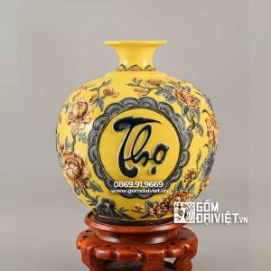 Bình hút lộc mệnh thổ Phúc Lộc Thọ màu vàng 35cm