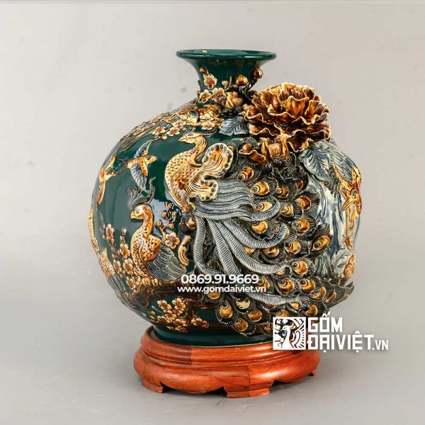 Bình hút tài lộc Mệnh Mộc Xanh Lục Chim Công 35cm
