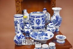 Bộ đồ thờ thần tài Bát Tràng Đắp Nổi Men Lam