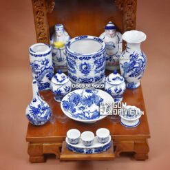 Bộ đồ thờ thần tài Bát Tràng Đắp Nổi Men Lam