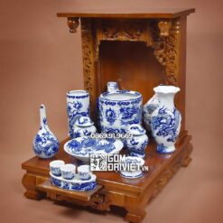 Bộ đồ thờ thần tài Bát Tràng Đắp Nổi Men Lam