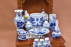 Bộ đồ thờ thần tài cơ bản men lam gốm Bát Tràng