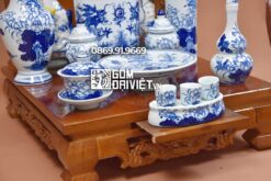 Bộ đồ thờ thần tài cơ bản men lam gốm Bát Tràng