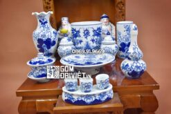 Bộ đồ thờ thần tài cơ bản men lam gốm Bát Tràng