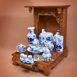 Bộ đồ thờ thần tài cơ bản men lam gốm Bát Tràng