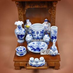Bộ đồ thờ thần tài cơ bản men lam gốm Bát Tràng