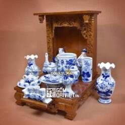 Bộ đồ thờ Thần Tài Men Xanh Bát Tràng Vẽ Kỹ