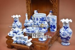 Bộ đồ thờ Thần Tài Men Xanh Bát Tràng Vẽ Kỹ