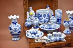 Bộ đồ thờ Thần Tài Men Xanh Bát Tràng Vẽ Kỹ