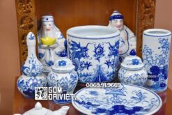 Bộ đồ thờ Thần Tài Men Xanh Bát Tràng Vẽ Kỹ