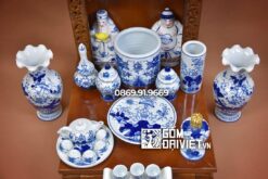 Bộ đồ thờ Thần Tài Men Xanh Bát Tràng Vẽ Kỹ