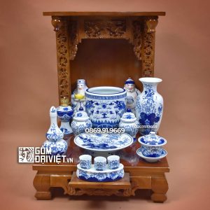Bộ đồ thờ thần tài thổ địa men trắng vẽ xanh