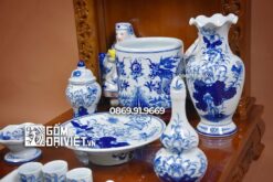 Bộ đồ thờ thần tài thổ địa men trắng vẽ xanh 48cm