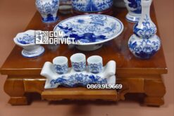 Bộ đồ thờ thần tài thổ địa men trắng vẽ xanh 48cm