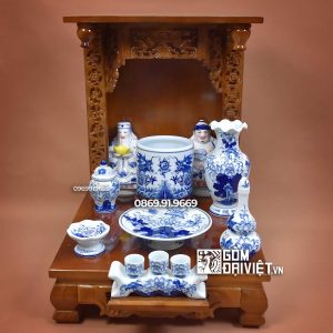 Bộ đồ thờ thần tài thổ địa men trắng vẽ xanh 48cm
