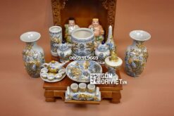 Bộ đồ thờ thần tài men rạn đắp nổi