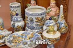 Bộ đồ thờ thần tài men rạn đắp nổi